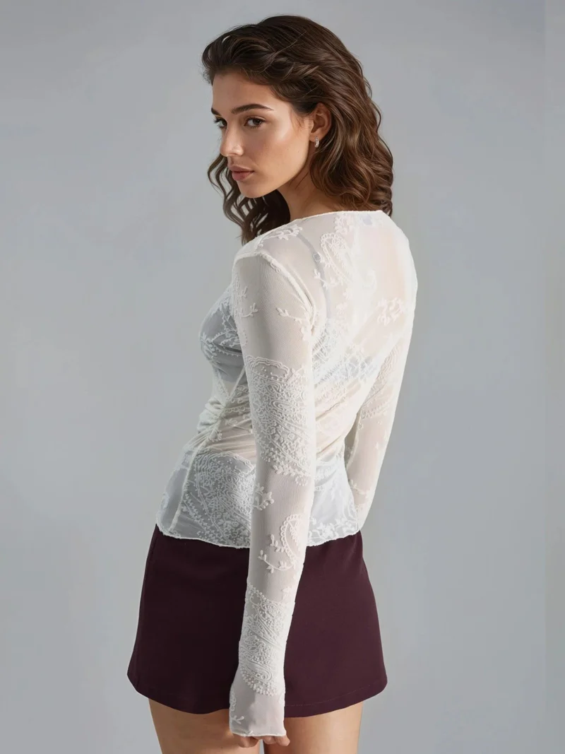 بوسيم BUSEM Fitted Long Sleeve Flock Print Tulle Blouse